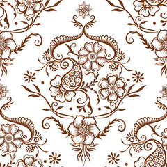 Eastern ethnic style compositions, mehendi, traditional indian henna floral ornament. Seamless pattern, background. Vector illustration.
