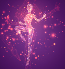 A female silhouette of luminous lines and dots dancing on an abstract pink background. vector layout