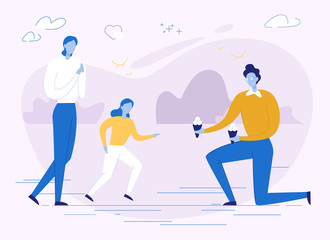 Happy Loving Family with Kid Spending Weekend Together. Parent Treating Child with Cold Fresh Ice Cream Kneeling Front of Girl and Mother. Love and Care. Vector Flat Cartoon Illustration
