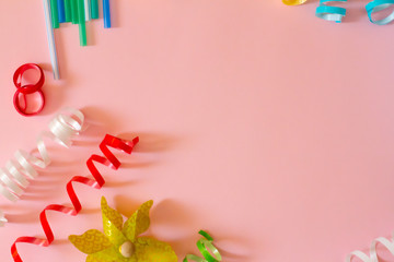 birthday background. holiday frame for a holiday. A birthday or party greeting card with a place to copy. Flatley. Decorations, candles, streamers.