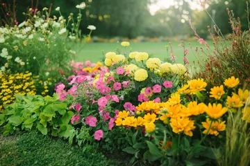 Gordijnen Beautiful flower garden with blooming asters and different flowers in sunlight, landscape design © dariazu