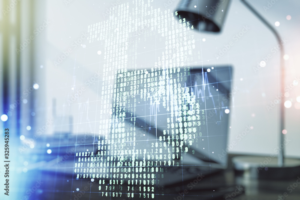 Poster creative bitcoin concept with modern computer background. double exposure