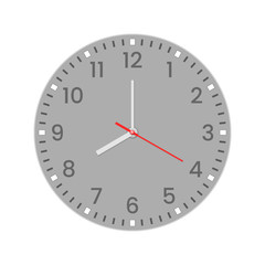 Realistic clock face with minute, hour numbers and second hand. Red center. Symbol watch isolated on white, to use for web and mobile UI. EPS 10