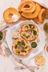 Friselle with turnip tops and hummus.