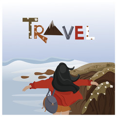 Fototapeta premium Travel illustration with landscape and girl