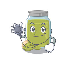 A mascot picture of pumpkin seed butter cartoon as a Doctor with tools