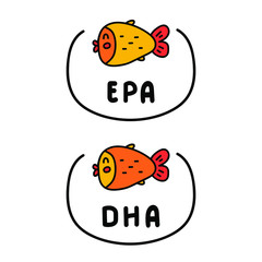 Hand drawn badges with fish icons and words - dha, epa. Vector illustrations on white background.