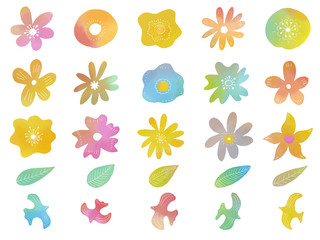 Set of watercolor flowers and birds , vector illustration.