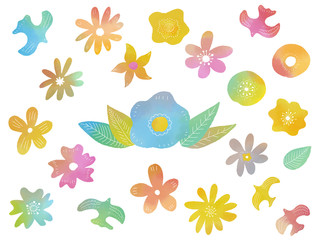 Fototapeta na wymiar Set of watercolor flowers and birds , vector illustration.
