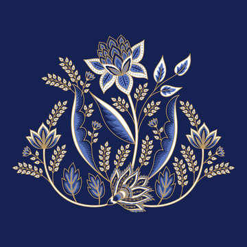 Indian floral paisley pattern vector illustration. Vintage flowers motif chintz print. Ethnic oriental art design. Damask botanical ornament for clothing, label, poster, embroidery, decoration.
