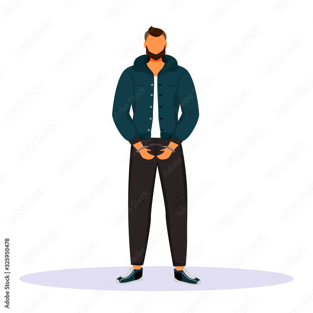 Poster man in handcuffs flat color vector faceless character. prisoner, suspect. guy accused of committing 