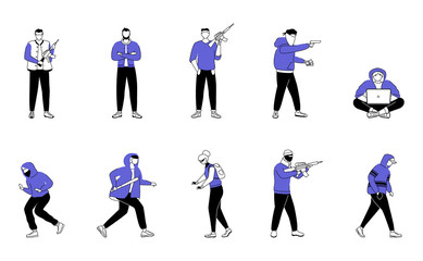 Criminals flat silhouette vector illustrations set. Armed robbers, burglars. Thieves with guns, vandals. Street bullies. 2D isolated outline characters on white background. Simple style drawings