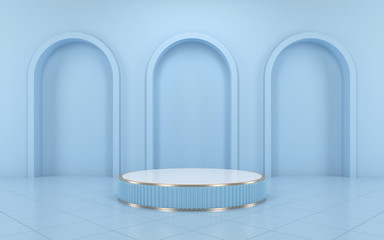 Blue podium minimal on blue color background for product. 3d rendering