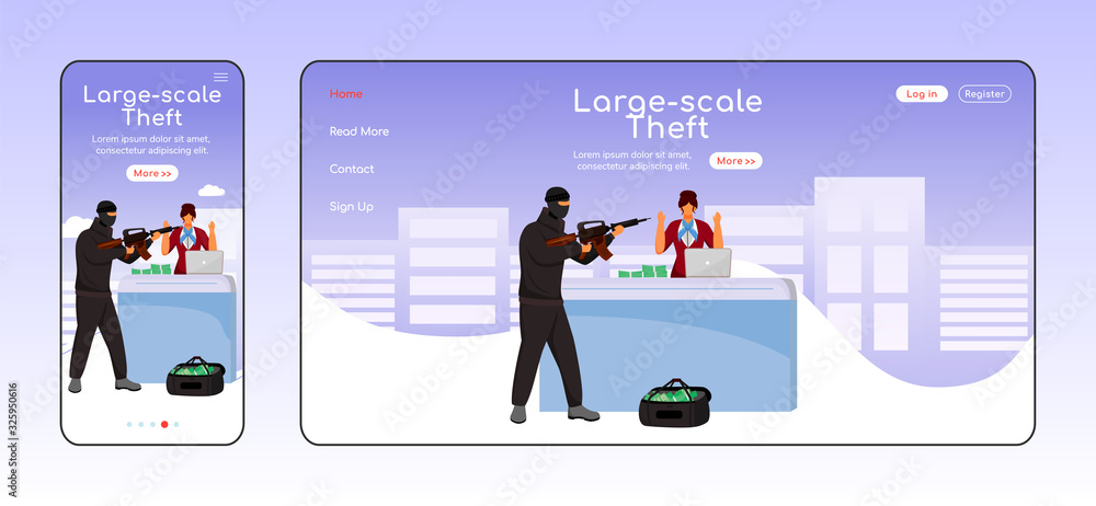 Poster large scale theft adaptive landing page flat color vector template. armed attack mobile and pc homep