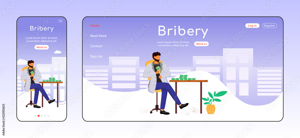 Poster bribery adaptive landing page flat color vector template. corruption mobile and pc homepage layout. 