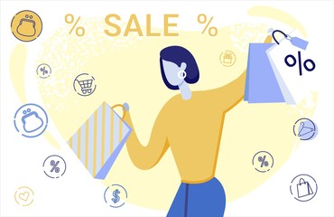 Clothing Discounts Flat Vector Banner Template. Elegant Lady with Shopping Bags Cartoon Character. Total Sale, Store Clearance Advert. Holiday Sellout Event Promotional Poster Design