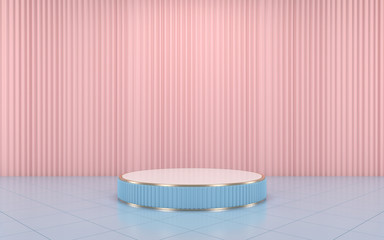 Blue podium minimal on pink curtain for product. 3d rendering