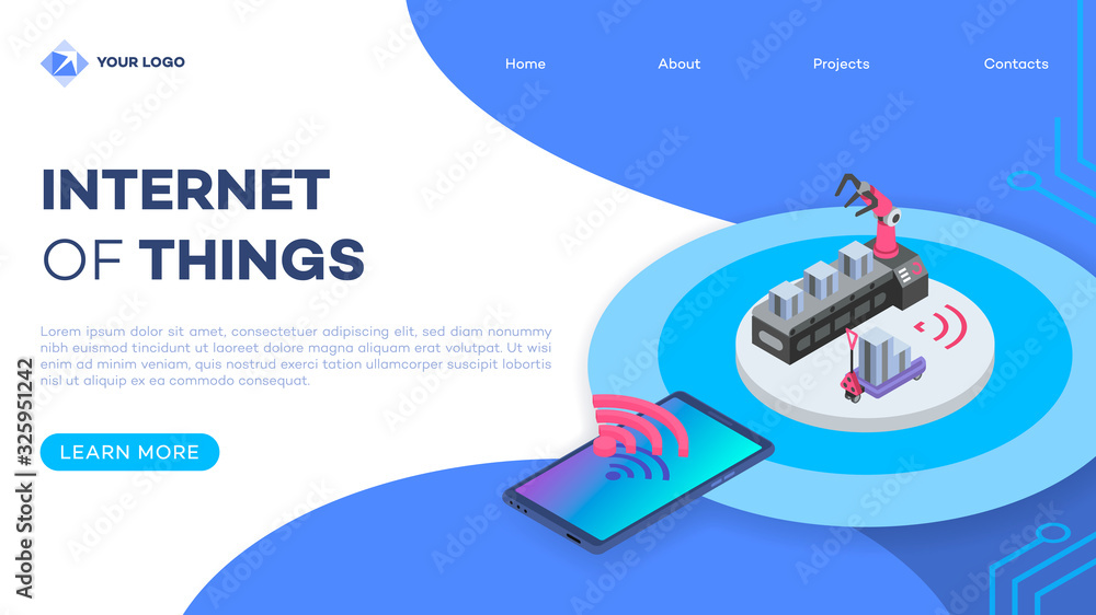 Poster mechanical robot arm remote control landing page vector template with isometric illustration. convey
