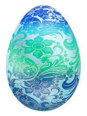 Creative composition with the image of a decorated Easter egg. Blue-green patterns on a blue field, drawing for Easter Day.