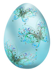 Creative composition with the image of a decorated Easter egg. Multi-colored butterflies on a blue field, drawing for Easter Day.