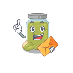 Happy face pumpkin seed butter mascot design with envelope