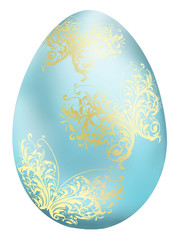 Creative composition with the image of a decorated Easter egg. Golden butterflies on a blue field, drawing for Easter.