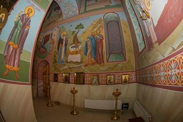 Interior of the St. Nicholas Cathedral of the Nikolo-Peshnoshsky Monastery in the village of Lugovoi, Dmitrovsky District, Moscow Region. The monastery was founded in 1361.