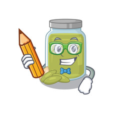 A smart Student pumpkin seed butter character holding pencil