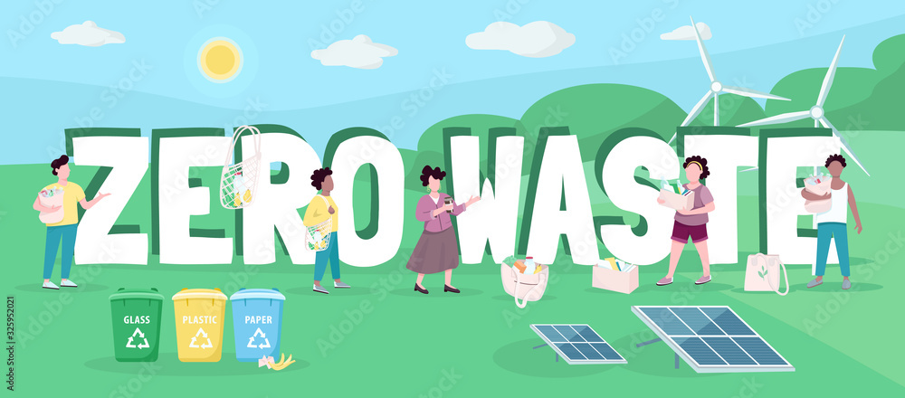Poster zero waste word concepts flat color vector banner. isolated typography with tiny cartoon characters.