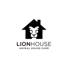 Creative lion face on house logo design vector illustration, emblem template