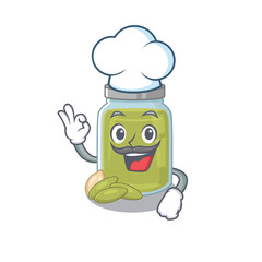 Pumpkin seed butter cartoon character working as a chef and wearing white hat