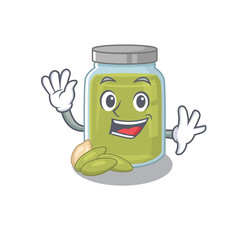 Waving friendly pumpkin seed butter mascot design style