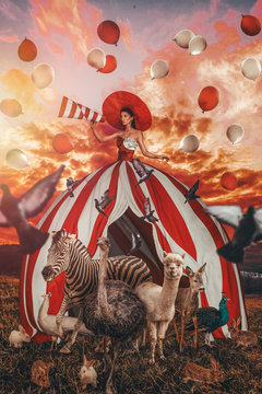 Woman in circus with animals