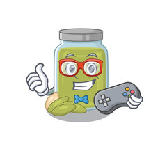 Smiley gamer pumpkin seed butter cartoon mascot style