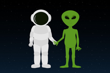 Astronaut and Martian holding hands. Vector illustration.
