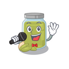 Happy pumpkin seed butter singing on a microphone