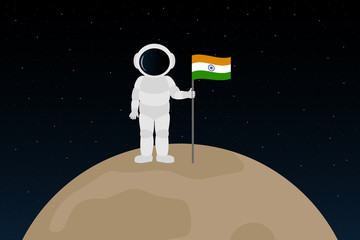 Indian cosmonaut stand on moon and hold flag of India. Cartoon style. Vector illustration. © Vector DSGNR