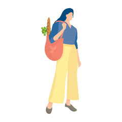 Vector illustration with a woman striving for an eco-friendly lifestyle. Girl with a stylish eco-friendly bag for groceries and shopping. The concept of zero waste, saving the planet from plastic