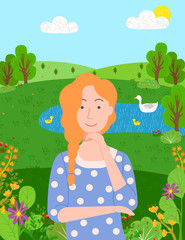 Lady at park vector, forest with trees and bushes, pond and swans. Greenery and natural resources, woman relaxing on nature. Female character on meadow