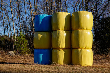 Norrtalje, Sweden Hay bales in a field covered in breathable plastic colored in yellow and blue, the colors of the Swedish fla.