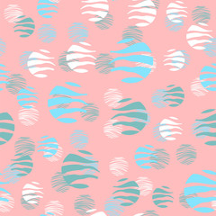 Fototapeta na wymiar Trendy abstract seamless pattern with white, blue, green circles on a coral background. Seamless vector texture. Design for fabric, paper, packaging