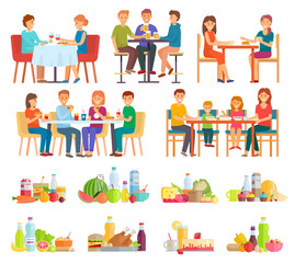 Collection of people eating meals and dishes. Couple drinking wine on date, family having lunch. Friends on breakfast enjoying burgers and French fries. Set of plates, fruits and vegetables.