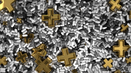 Heap of medicine tablets. Background made from pills or capsules in black and white colors with medical sign in shape of cross made by gold