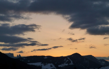 Sunset in the dolomite Alps, from Selva Gardena down to Val Gardena