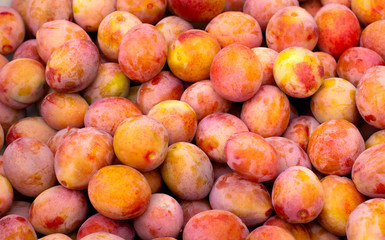 Fresh yellow plums. Macro photo. Food. Top view natural texture. Image fruit product. Close-up. Ripe fruits harvested in fall. Background from organic plums, own garden or market