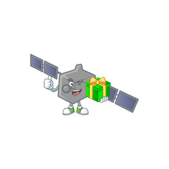 Cute satellite network character holding a gift box