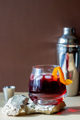 Negroni cocktail. Bitter, gin, vermouth, ice. Bar. Recipes. Alcoholic beverages.