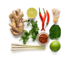 Set of Tom Yum soup basic ingredients on white background.