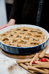 Homemade apple pie. Backed sweets organic dessert. Ready to eat fruit tart top view. Copy space for your text.