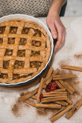 Homemade apple pie. Backed sweets organic dessert. Ready to eat fruit tart top view. Copy space for...